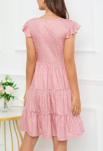 Vista 2 de Lamilus Vestidos de verano para mujer 2023, casual, cuello en V, botones, manga con volantes, corto, escalonado, para la playa, vestidos de verano