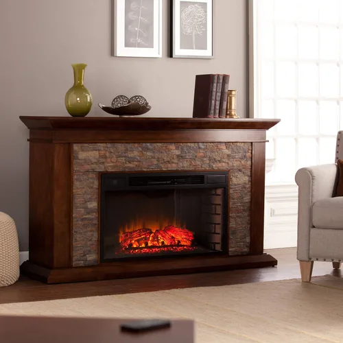 Vista 4 de SEI Furniture Canyon Heights Chimenea eléctrica de piedra falsa apilada de 60", color arce whisky Whisky Arce