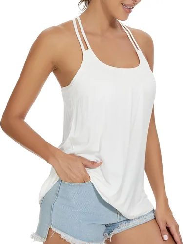 Vista 5 de Camiseta sin mangas plisada para mujer con copa de brasier incorporada, casual, fluida, con correa ajustable (S-4XL)