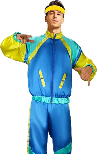 Vista 3 de NIHONCOS Disfraz de fiesta de los años 80 para hombre, chaqueta retro, pantalones, diadema, brillante, traje de Halloween, cosplay, baile