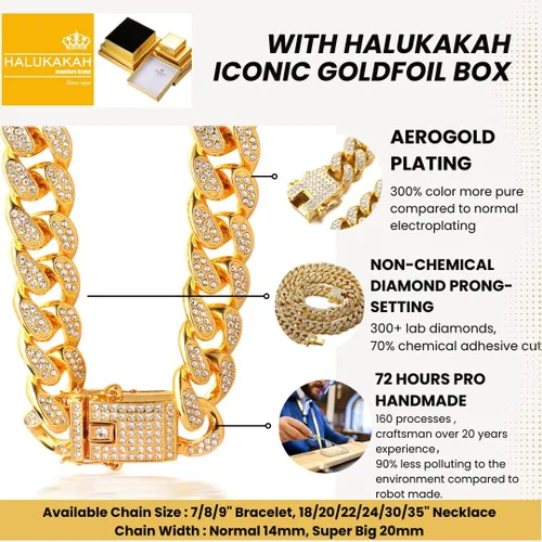 Vista 3 de Halukakah Gold Chain for Men - The Royal - Iced Out 1420MM GoldPlatinum WhiteRose GoldRhodium Black Cuban Link Chain Necklace Bracelet Full Cz