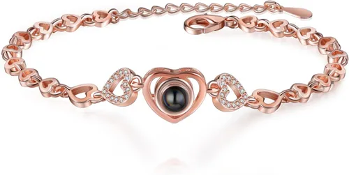 Vista 8 de Jeweidea Custom Bracelet with Picture Inside, Personalized Projection Heart Chain Link with Photo, Memorial Gifts for Women