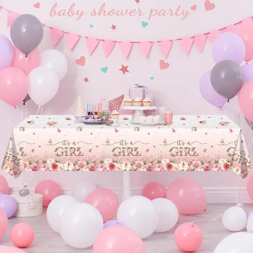 Vista 5 de Paquete de 1 mantel floral para baby shower, decoración de baby shower, decoración de fiesta de nacimiento con flores rosas para niñas, mantel
