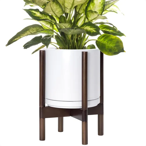 Vista 29 de D'vine Dev Maceta de cerámica con soporte de ébano – Maceta redonda moderna de 8 pulgadas con soporte para maceta de madera, color negro, 55-B-M-2