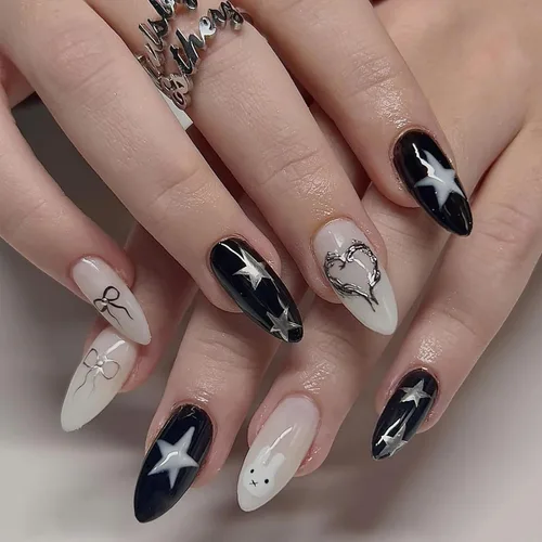 Vista 30 de Uñas postizas de almendra medianas MABKJLF con punta francesa, uñas falsas 3D con diseños de pedrería de flores de fresa, uñas pegajosas brillantes 1