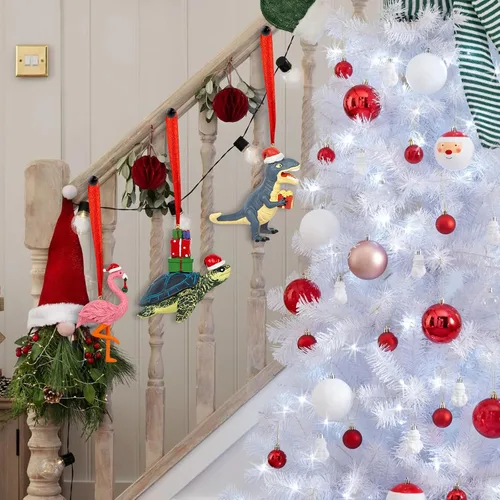 Vista 6 de Adorno de Navidad de flamenco rosa 3D en sombrero de Papá Noel, adornos colgantes de flamenco de resina para decoración de árbol de Navidad