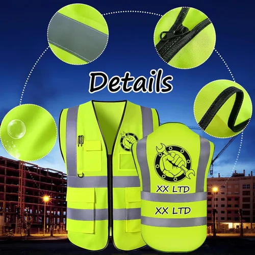 Vista 6 de Chaleco de seguridad con logotipo personalizado para hombre, chaleco de trabajo protector de alta visibilidad con reflectante
