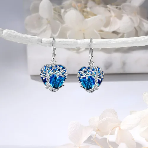 Vista 4 de Aretes colgantes de árbol de la vida, flor, turquesa, ópalo azul, malaquita, ágata musgo, lágrima, para mujeres y niñas, plata de ley, aniversario