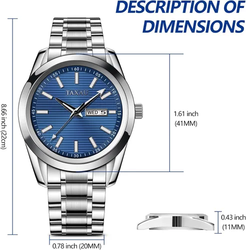 Vista 6 de Taxau Reloj minimalista para hombre, reloj de cuarzo de acero inoxidable para hombre con fecha, reloj clásico de cara grande impermeable para hombre