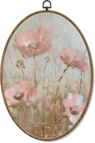 Vista 13 de Yorhifa Grandmillennial - Arte de pared enmarcado con lazo rosa coqueta, arte de pared redondo de chinoiserie azul y blanco, decoración de paredes