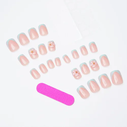 Vista 3 de Uñas postizas a presión con punta francesa verde, uñas postizas cuadradas cortas con diseños de cuentas de flores en 3D, uñas de verano, uñas Verde