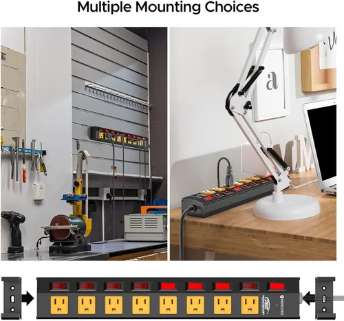 Vista 3 de Regleta de 8 tomas de alta resistencia CRST con interruptores individuales, protector contra sobretensiones de metal de 15A/1875W con interruptor