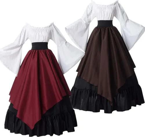 Vista 6 de BPURB Vestido medieval para mujer, disfraz renacentista (parte superior, falda y enagua)