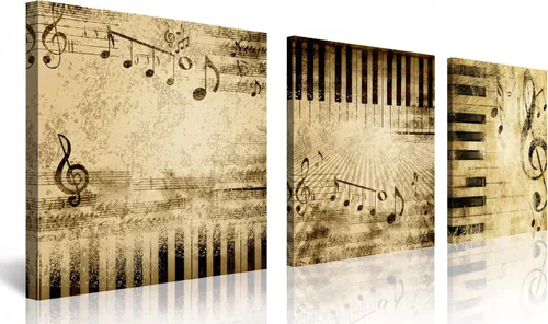 Vista 23 de 3 piezas de lienzo musical para pared, impresiones de notas musicales abstractas, coloridas ilustraciones de ondas sonoras, claves agudas