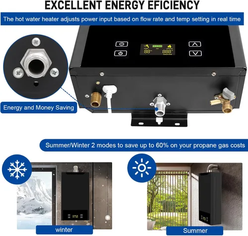 Vista 5 de Calentador de agua sin tanque de gas natural, 4.74GPM 18L en interiores, calentador de agua de gas caliente instantáneo, calentador de agua natural