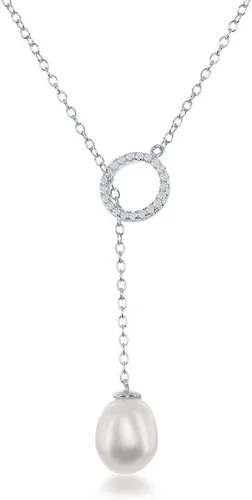 Vista 2 de Collar de plata esterlina, circonita cúbica, círculo abierto y perlas cultivadas de agua dulce y Lariat