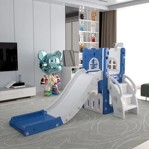 Vista 7 de MOCUTEEN Tobogán 6 en 1 para niños pequeños, juego de bebé para interiores y exteriores con aro de baloncesto, almacenamiento y telescopio, juguetes