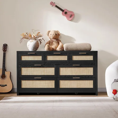 Vista 9 de SICOTAS Cómoda de 7 cajones para dormitorio, cómodas de ratán de 57" de ancho, cómoda grande con cajones para dormitorio, cómoda soporte de TV