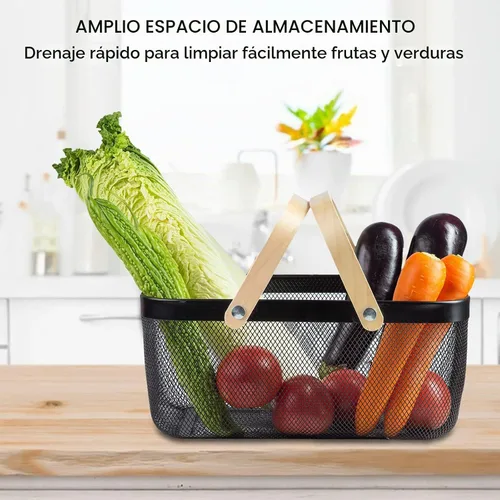 Vista 2 de Cesta portátil de cosecha de jardín, diseño de malla, cesta de almacenamiento de alambre con mango de bambú natural, cesta de malla con asa