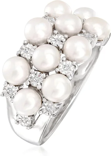 Vista 3 de Ross-Simons Anillo de perlas cultivadas de 0.157in con detalles de diamante en plata de ley