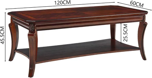 Vista 2 de Mesa auxiliar tradicional con estante de almacenamiento y patas talladas, mesas de sala de estar de granja, mesa central rectangular de madera