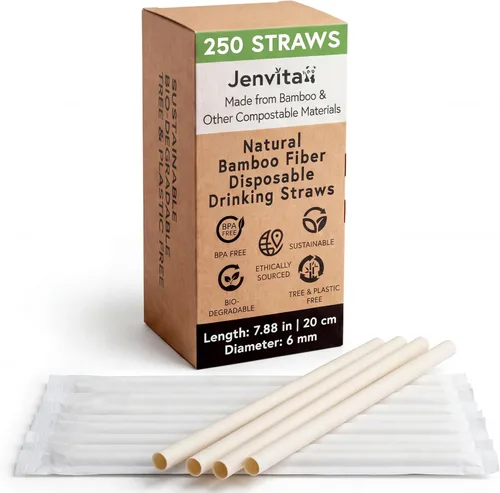 Vista 10 de Jenvita Pajitas biodegradables de polvo de bambú (paquete de 50) – Pajitas compostables de 7.88 pulgadas envueltas individualmente 100%