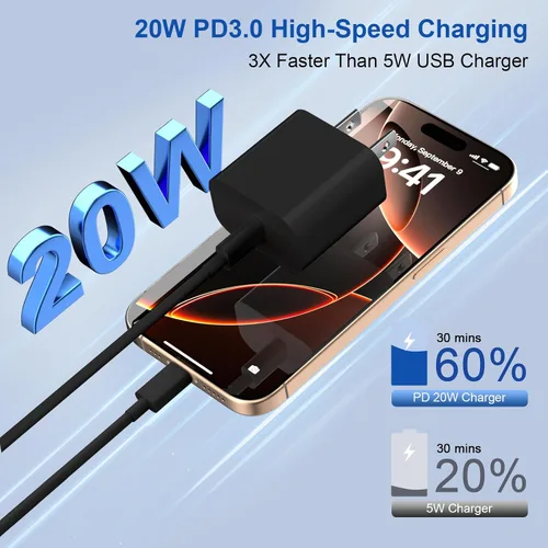 Vista 2 de 20W iPhone Charger Fast Charging 3-Pack with 6FT USB C to USB Cable, Black