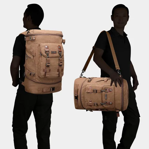 Vista 2 de WITZMAN Mochila de viaje para hombres y mujeres, mochila de lona para llevar en el equipaje, mochila convertible grande, Marrón, Mochilas de viaje