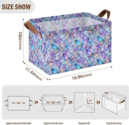Vista 3 de Dreamlike Butterfly Purple Flowers Storage Baskets for Shelves Closet Storage Bins with Handles Shelves Closet Books for Books cajas organizadoras