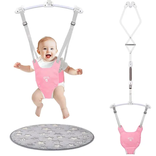 Vista 9 de Baby Jumper, Baby Jumper Doorway with Adjustable Strap, Easy to Assemble, with a Soft Rug (Grey) (Black)