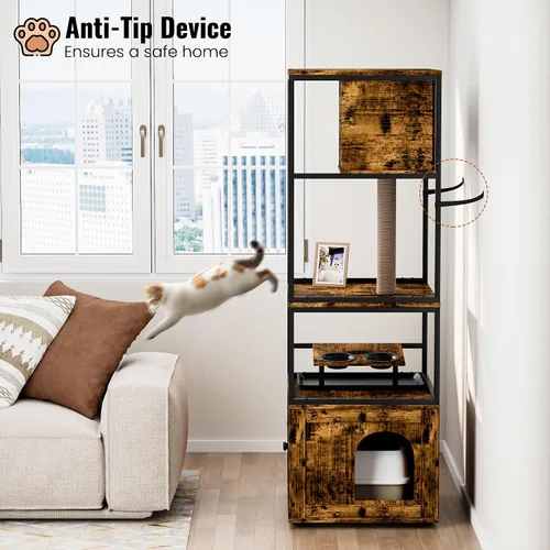 Vista 7 de Lamerge Árbol para gatos con caja de arena, caja de arena grande todo en 1, condominio para gatos con postes rascadores y cuenco de alimentación