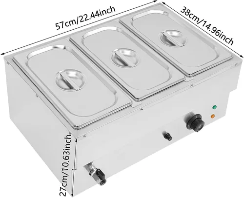 Vista 4 de DYNAMI Calentador de alimentos para bufé comercial de 110 V, mesa de vapor eléctrica grande de acero inoxidable de 3 bandejas con diseño