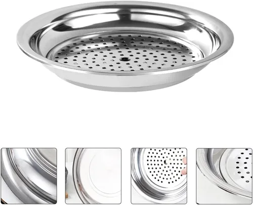 Vista 2 de Hemoton Plato de bola de masa hervida de acero inoxidable, platos de drenaje redondo para servir postres, platos de pasta, salsa para pizza, filete