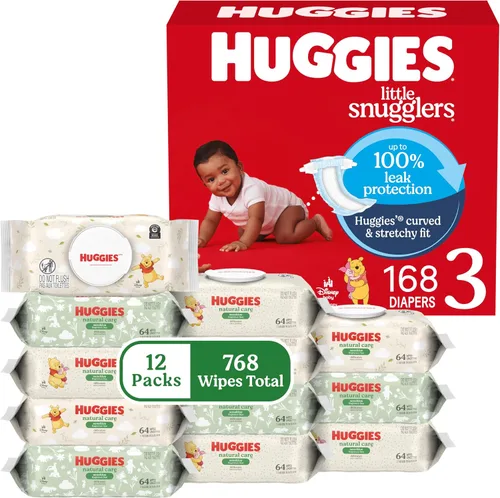 Vista 9 de Paquete de Little Snugglers: Pañales de bebé Huggies Little Snugglers, talla 1 (8-14 lbs), 198 unidades y toallitas para bebé Huggies Natural Care