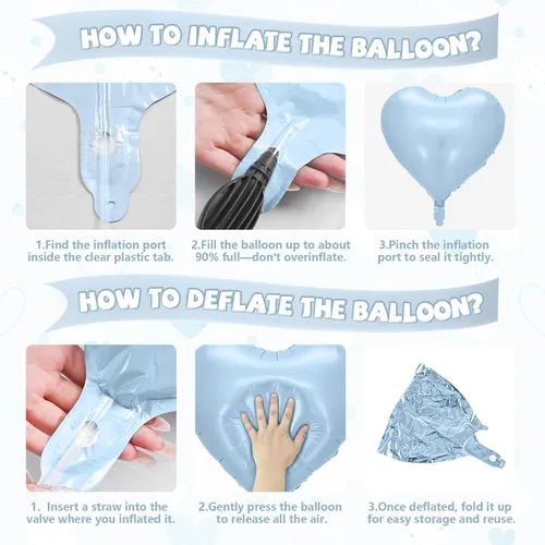 Vista 7 de Globos de corazón azul bebé, 10 piezas de globos en forma de corazón azul claro y blanco pastel, globos de papel de aluminio blanco arena crema