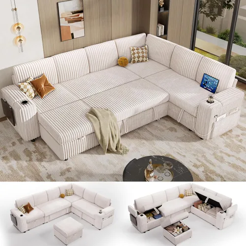Vista 17 de Vipbear Sofá cama modular de 86 pulgadas con cama extraíble, sofá en forma de L de pana de felpa de 3 asientos con diván de almacenamiento, puertos