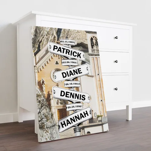 Vista 2 de Chiside Letrero de calle familiar con nombre, lienzo artístico para decoración del hogar, lienzo personalizado con nombres de familia, fecha