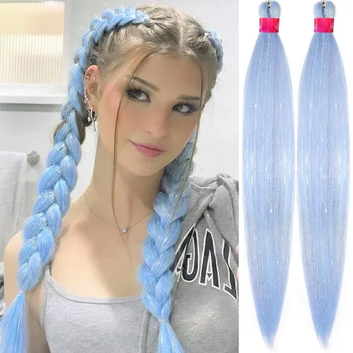 Vista 13 de Cabello trenzado verde con lentejuelas de 26 pulgadas, preestirado, trenzas de textura Yaki, extensiones de cabello pre plumadas, 3 paquetes, fácil