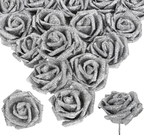 Vista 10 de 30 rosas doradas con purpurina, rosas artificiales de espuma dorada de 2.56 pulgadas con tallos para centros de mesa de despedida de soltera, ramo