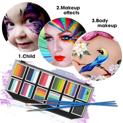 Vista 8 de Maydear Kit de pintura facial para niños y adultos, 12 x 10 gm, paleta de maquillaje profesional para tartas divididas, segura y no tóxica, a base