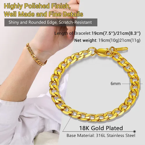 Vista 4 de PROSTEEL Pulsera de eslabones cubanos para hombre, negrooro de 18 quilates, acero inoxidable 316L, joyería de hip hop, ancho 0.236 in0.354 in0.512