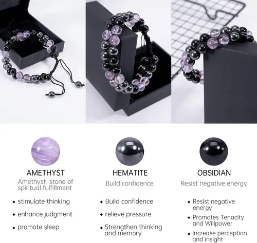 Vista 2 de Pulsera de triple protección, pulsera para hombres y mujeres, piedra natural de ojo de tigre, hematita y obsidiana, 0.315 in, pulsera de cristal