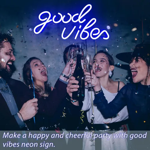 Vista 2 de Good Vibes - Letrero de neón LED para decoración de pared, luces de neón azules para dormitorio y fiesta, luz de neón brillante alimentada por USB