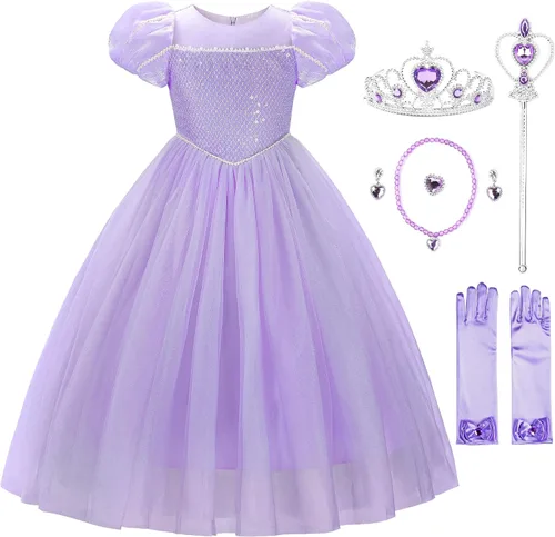 Vista 11 de JerrisApparel Vestido de princesa para niñas, disfraz de princesa de manga abombada con accesorios Rosa