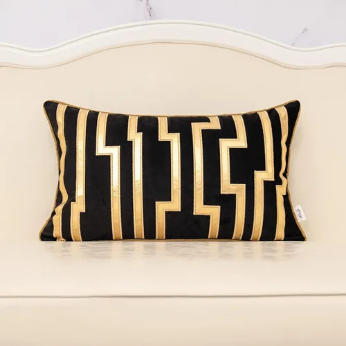 Vista 12 de Alerfa Funda de almohada de cuero dorado a rayas negras de 18 x 18 pulgadas, funda de almohada geométrica de lujo decorativa de terciopelo bordado
