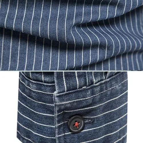 Vista 4 de LONGBIDA Camisa de mezclilla para hombre, con botones, de manga larga, casual, ajustada