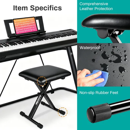 Vista 4 de AODSK Banco para teclado estilo X con cojín acolchado, banco de piano ajustable, taburete plegable con asiento, algodón ignífugo, diseño