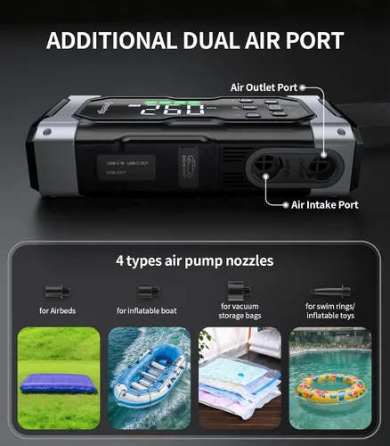 Vista 5 de Arrancador de Coche Mejorado de 9000A con Compresor Inflador/Desinflador de Aire, Cargador de Caja de Arranque Portátil 9 en 1 Paquete de Energía