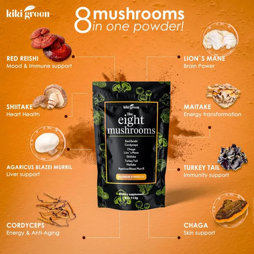 Vista 2 de KIKI Green Paquete de 8 hongos y polvo Shroomo – Complejo adaptogénico de hongos y alternativa de café de hongos para concentración, energía