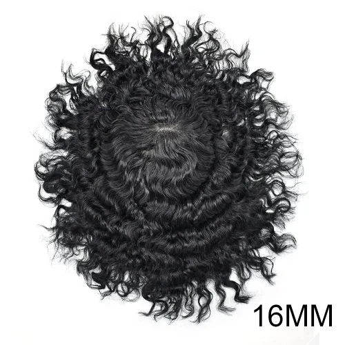 Vista 2 de Afro Curl Black Mens Toupee Afro Americano Unidades de Cabello para Hombres Negros Kinky Rizado Fino Mono Brasileño Cabello Humano Pelucas Hombres